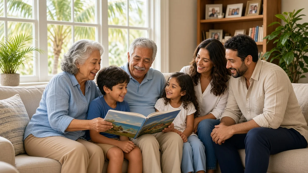 Familia hispana de tres generaciones que aprende sobre el seguro de gastos finales en Florida