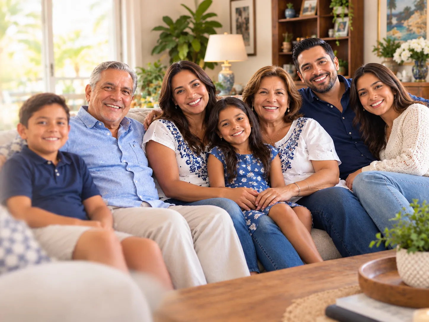Familia hispana de tres generaciones sonriendo juntos en la sala de su casa.