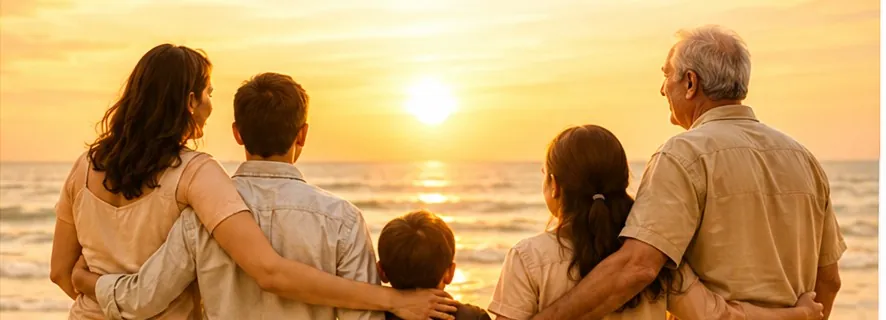 Familia abrazada mirando el atardecer